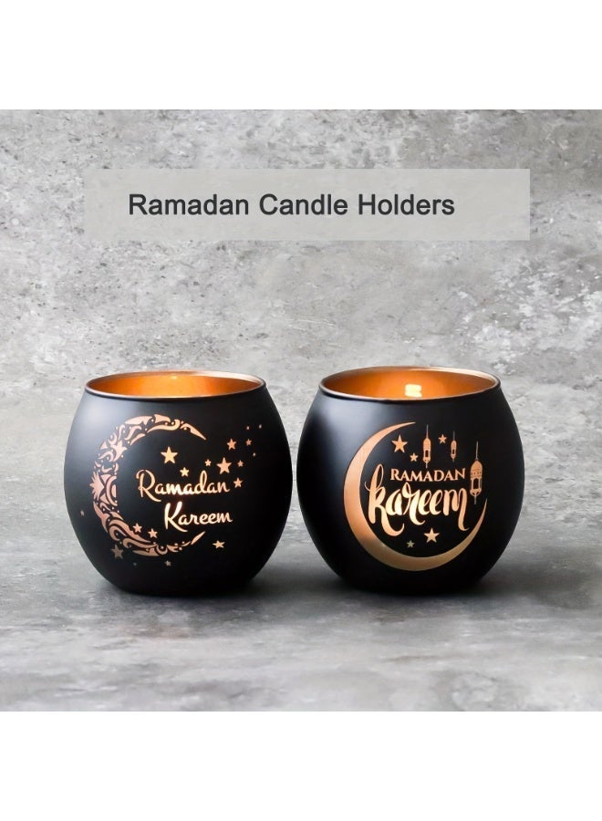 طقم حامل شموع زجاجي من قطعتين بتصميم "رمضان كريم" - أسود وذهبي بنقش هلال ونجوم - ديكور طاولة مثالي لشهر رمضان والعيد - Image 1